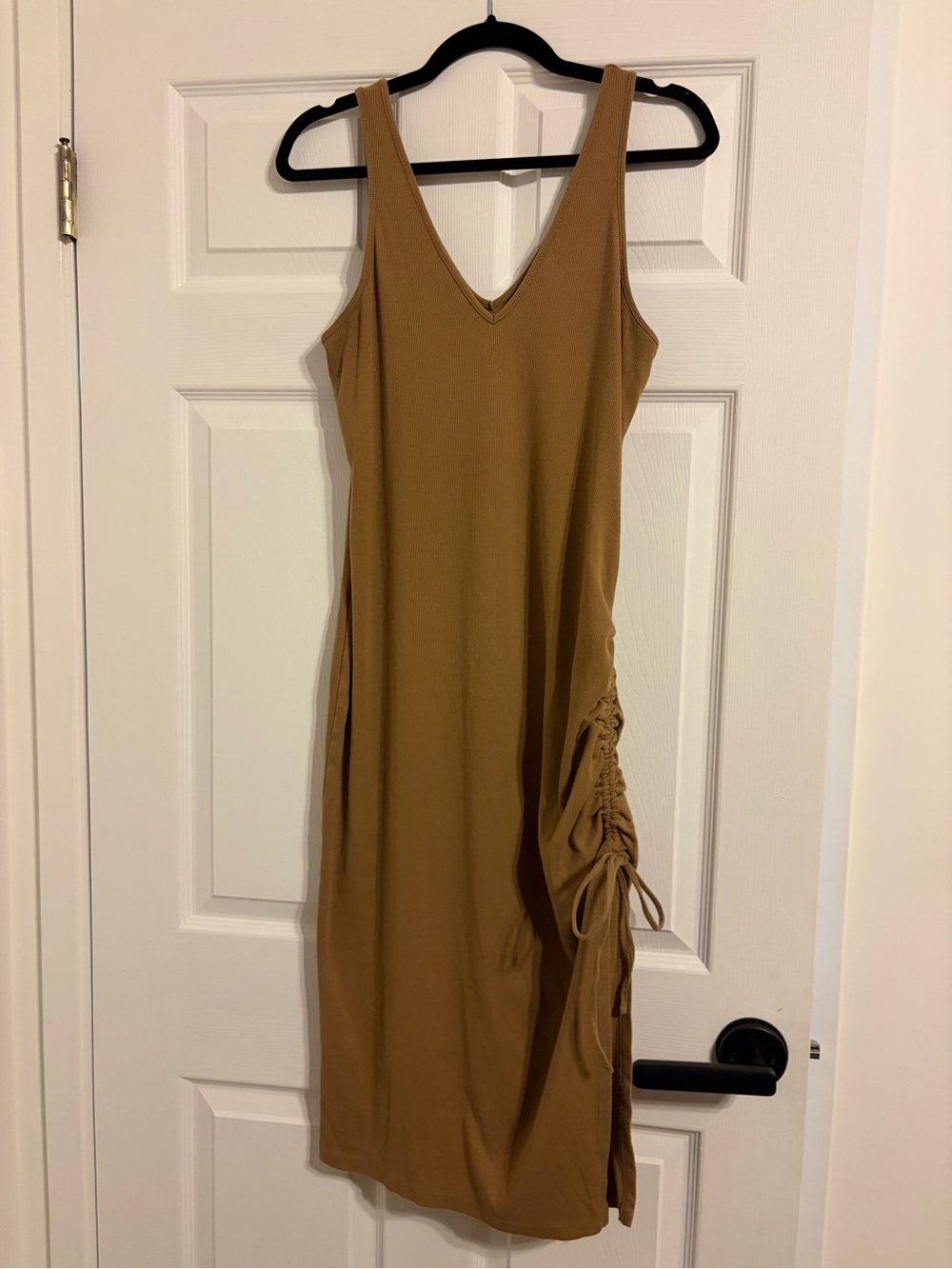 Target Tan V-Neck Sleeveless Midi Dress with Side Ruched Detail